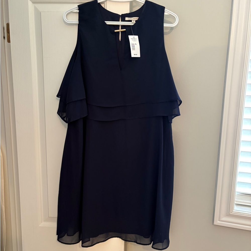 Tash + Sophie- Sleeveless Navy Midi Dress with Layered Flutter Detail -